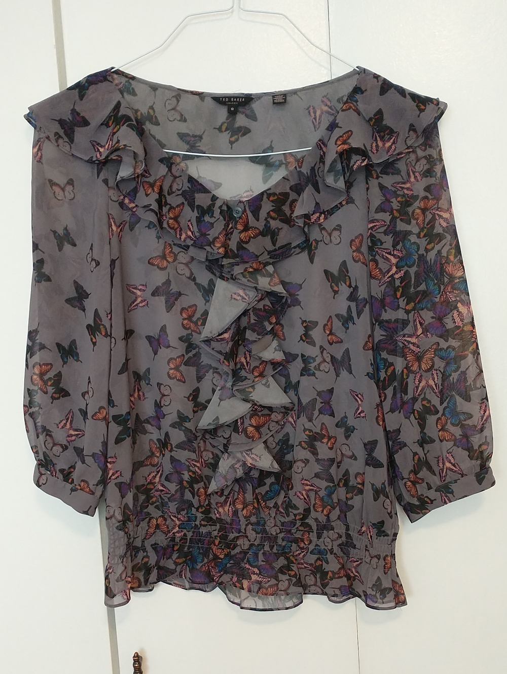 Ted Baker Sheer Grey Chiffon Ruffle Top with Multicolour Butterfly Print Size 0